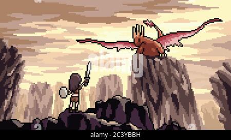 vecteur pixel art scène dragon combat Illustration de Vecteur