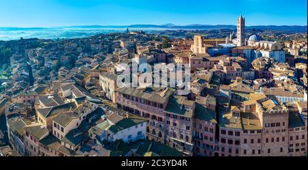 Vue panoramique d'oiseau de Sienne, Italie, prises de Torre del Mangia (plus haute tour à Sienne). Le principal bâtiment à droite est sienne Cathderal. Banque D'Images