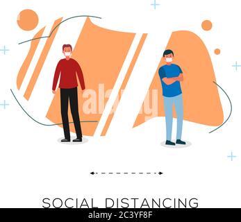 Social distancer illustration concepts vectoriels, plan conception personnes avec masque médical garder à distance de la protection contre les méas de prévention de virus Covid-19 Illustration de Vecteur
