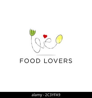 Modèle de conception de logo Creative Healthy Food Lovers avec illustration vectorielle à une ligne de fourchette et à une cuillère Illustration de Vecteur