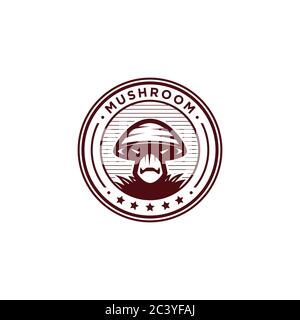 badge créatif de la conception du logo de la ferme de champignons, badge de la ferme saine de champignons et emblème isolé sur fond blanc Illustration de Vecteur