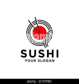 Illustration vectorielle de la conception du logo japonais Sushi Seafood, modèle de baguettes et de bols, illustration vectorielle des aliments et boissons Illustration de Vecteur