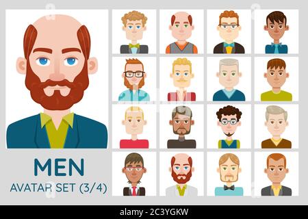 Ensemble avatar masculin. Collection de 16 avatars avec différents styles de cheveux, formes de visage, couleur de peau et vêtements. Jeu 3 sur 4. Illustration de Vecteur