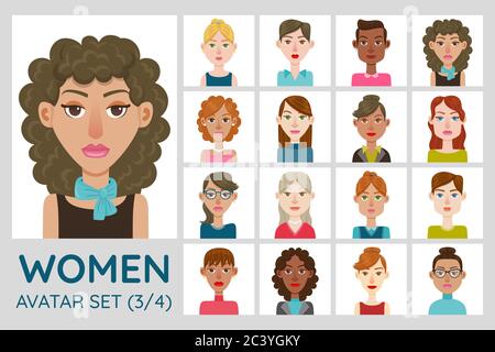 Ensemble d'avatar féminin. Collection de 16 avatars avec différents styles de cheveux, formes de visage, couleur de peau et vêtements. Ensemble 2 sur 4. Illustration de Vecteur