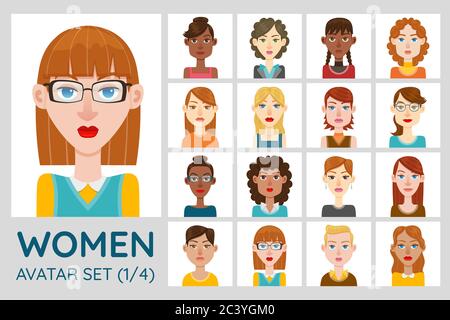 Ensemble d'avatar féminin. Collection de 16 avatars avec différents styles de cheveux, formes de visage, couleur de peau et vêtements. Jeu 4 sur 4. Illustration de Vecteur