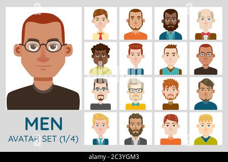 Ensemble avatar masculin. Collection de 16 avatars avec différents styles de cheveux, formes de visage, couleur de peau et vêtements. Ensemble 1 sur 4. Illustration de Vecteur