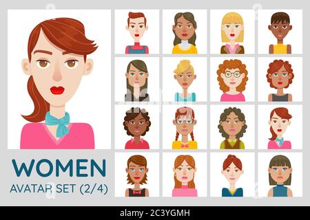 Ensemble d'avatar féminin. Collection de 16 avatars avec différents styles de cheveux, formes de visage, couleur de peau et vêtements. Jeu 3 sur 4. Illustration de Vecteur