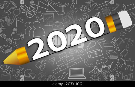 Nouvel an 2020 entre crayon, concept de planification d'entreprise, rendu 3d Banque D'Images