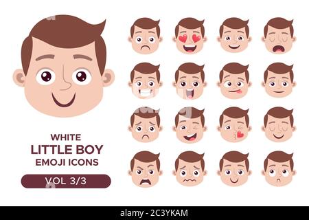 Ensemble d'avatar pour le visage d'un garçon. Personnage emoji blanc petit garçon avec différentes expressions. Illustration vectorielle en style dessin animé. Jeu 3 sur 3. Illustration de Vecteur