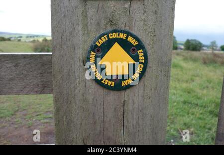 Disque de pointeur/marqueur de route jaune sur un poteau de porte en bois sur la voie de Colne est à Colne, Pendle, Lancashire, Angleterre, Royaume-Uni, Banque D'Images