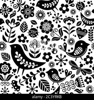 L'art folklorique scandinave est un modèle sans couture avec des oiseaux, des fleurs, un motif textile joyeux inspiré de la broderie traditionnelle de Suède, Norvège Illustration de Vecteur