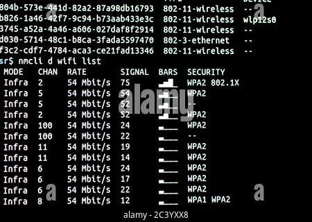 Analyse des réseaux wifi disponibles avec niveau de sécurité et intensité du signal. Analyse des réseaux wifi à partir du terminal connecté par protocole ssh Banque D'Images