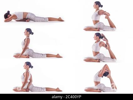 Femme pratiquant le yoga faisant la « posture du roi Pigeon » sur fond gris. Phases de l'EKA Pada Rajakapotasana. Banque D'Images