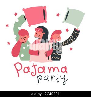 Dessin animé de pajama Party Vector avec de jolies filles et un oreiller isolé sur un fond blanc. Illustration de Vecteur