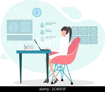 Illustration vectorielle du médecin neurochirurgien féminin travaillant sur un ordinateur portable au bureau Illustration de Vecteur
