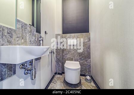 Cuvette de toilette montée en blanc dans la salle de bains moderne avec miroir et brosse de toilette Banque D'Images