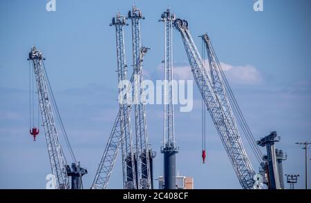 Rostock, Allemagne. 15 juin 2020. Des grues mobiles sont situées dans les locaux du fabricant de grues Liebherr-MCCtec Rostock, dans le port maritime. Fondée en 2002, la succursale de Liebherr emploie aujourd'hui environ 1,500 personnes et continue de s'étendre. Credit: Jens Büttner/dpa-Zentralbild/ZB/dpa/Alay Live News Banque D'Images