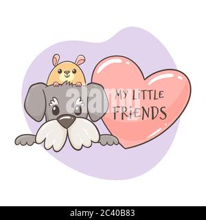Un hamster drôle surmontant la tête d'un chien mignon, à côté d'un coeur avec la citation « Mes petits amis ». Concept pour les amoureux des animaux. Concept d'amitié. Illustration de Vecteur