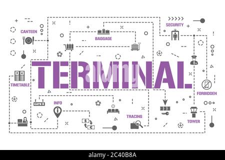 Bannière concepts de mot terminal. Service aéroport pour les passagers. Infographies de vol de compagnie aérienne. Présentation, site Web. UI UX idée. Lettrage isolé typo Illustration de Vecteur