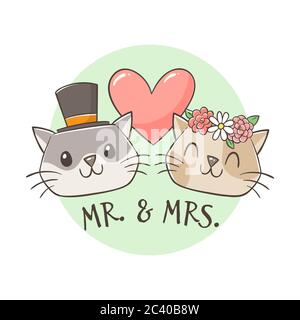 M. et Mme Cat se marient. Jolis chats dessinés à la main avec chapeaux de cérémonie de mariage. Concept chats amoureux. Concept de couple et de mariage. Vecteur de dessin animé Illustration de Vecteur
