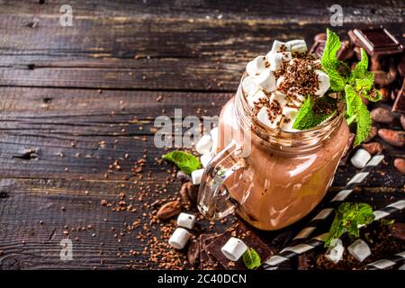 Shake au lait au chocolat avec sauce, guimauves et chocolat râpé, décoré de menthe. Sur une table en bois rustique avec beaucoup de morceaux de chocolat, co Banque D'Images