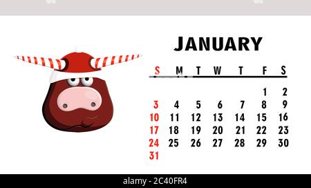 Janvier 2021. Calendrier horizontal avec taureaux ou boeufs. Caractère OX.. Illustration de Vecteur
