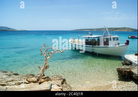 Un vieux arbre noué, soufflé au vent et un petit bateau de pêche amarré. Situé contre un ciel bleu et mer cristalline.la belle île grecque de Koufonissi. Banque D'Images