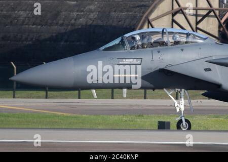 Un 48e F-15E de FW revenant à Lakenheath d'une révision aux États-Unis. Le nez porte un dévouement au 48e pilote de FW qui est récemment décédé dans un accident. Banque D'Images