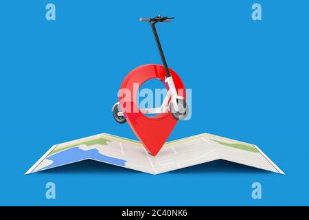 Scooter Kick Eco Electric blanc moderne avec pointeur de carte rouge sur la carte de la ville sur fond bleu. Rendu 3d Banque D'Images
