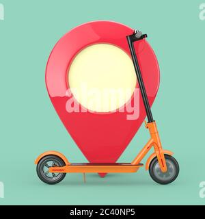 Scooter Eco Electric Kick Orange Modern avec pointeur de carte rouge sur fond bleu. Rendu 3d Banque D'Images
