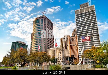 Centre-ville de Detroit depuis Hart Plaza. ÉTATS-UNIS Banque D'Images