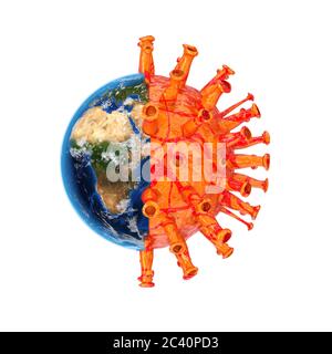 La moitié de la planète Terre occupée par le coronavirus COVID-19 Cell sur fond blanc. Rendu 3d. Éléments de cette image fournis par la NASA Banque D'Images