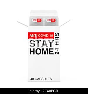 Anticovid-19 Stay Home Capsules en emballage sous blister avec cartboard Package sur fond blanc. Rendu 3d Banque D'Images