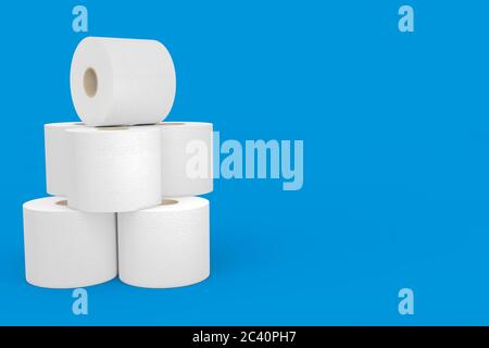 Pile de rouleaux de papier toilette sur fond bleu. Rendu 3d Banque D'Images