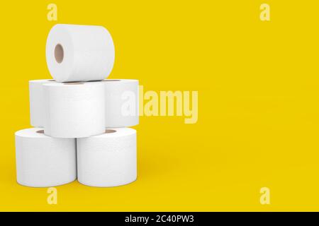 Pile de rouleaux de papier toilette sur fond jaune. Rendu 3d Banque D'Images