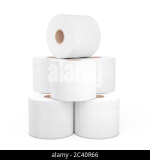 Pile de rouleaux de papier toilette sur fond blanc. Rendu 3d Banque D'Images