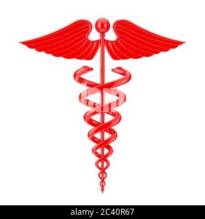 Symbole rouge Medical Caduceus sur fond blanc. Rendu 3d Banque D'Images