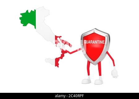 Mignon dessin animé Rouge Metal Medical Shield personnage de la personne avec signe de quarantaine et carte et drapeau d'Italie sur fond blanc. Rendu 3d Banque D'Images