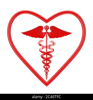 Symbole rouge Medical Caduceus en forme de coeur sur fond blanc. Rendu 3d Banque D'Images