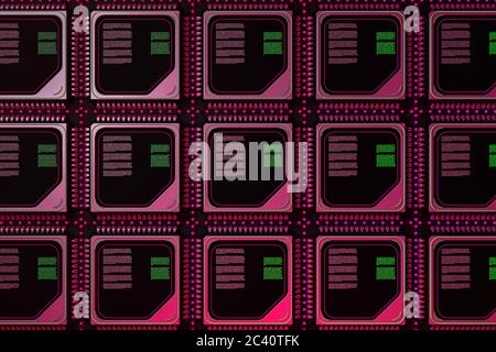 Concept de serveur informatique. Wafer en silicone avec rangées de processeurs Microchip très gros plan. Rendu 3d Banque D'Images