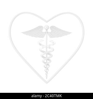 Symbole blanc de caduceus médical en forme de coeur comme le style argile sur un fond blanc. Rendu 3d Banque D'Images