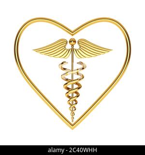 Golden Medical Caduceus symbole en forme de coeur sur fond blanc. Rendu 3d Banque D'Images