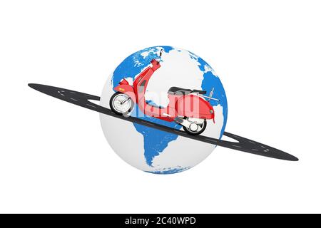 Red Classic Vintage Retro ou Electric Scooter Over Road Around Earth Globe sur fond blanc. Rendu 3d Banque D'Images