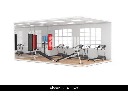 Salle de gym intérieur avec grande fenêtre, bancs d'exercice, sacs de poinçonnage en cuir pour l'entraînement de boxe, tapis roulant et parquet sur le sol Banque D'Images