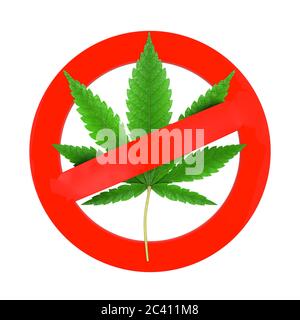 Cannabis médical ou cannabis chanvre feuille comme aucune drogue interdit signe sur fond blanc. Rendu 3d Banque D'Images