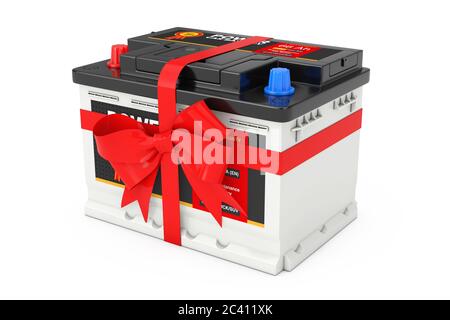 Accumulateur de batterie rechargeable 12 V pour voiture avec étiquette abstraite et noeud cadeau rouge et ruban sur fond blanc. Rendu 3d Banque D'Images