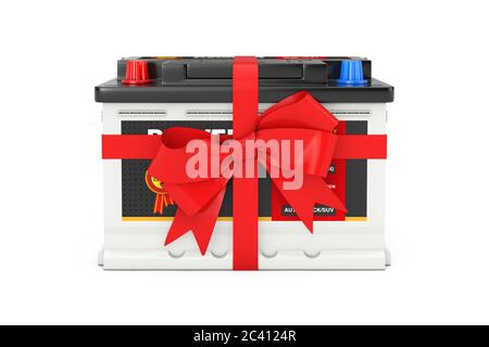 Accumulateur de batterie rechargeable 12 V pour voiture avec étiquette abstraite et noeud cadeau rouge et ruban sur fond blanc. Rendu 3d Banque D'Images