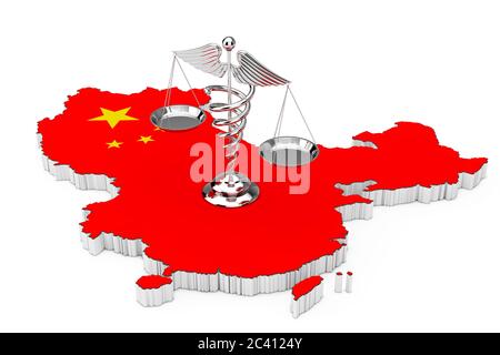 Symbole de caduceus médical comme balance sur la carte de Chine et drapeau sur un fond blanc. Rendu 3d Banque D'Images