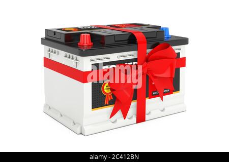 Accumulateur de batterie rechargeable 12 V pour voiture avec étiquette abstraite et noeud cadeau rouge et ruban sur fond blanc. Rendu 3d Banque D'Images