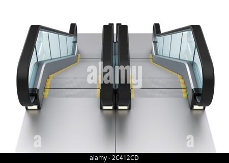 Escalier moderne ou escalier électrique sur fond blanc. Rendu 3d Banque D'Images